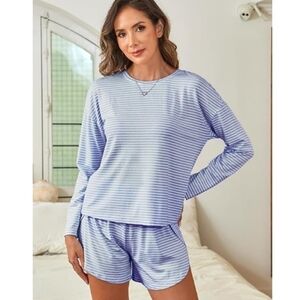Long Sleeve Pajama Lounge Matching Set Striped Sleepwear Blue